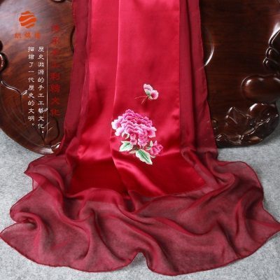 织锦楼春秋加长真丝刺绣丝巾女苏州丝绸手工绣花围巾红色纱巾礼品