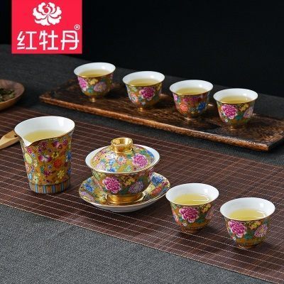 菏泽礼物红牡丹珐琅彩茶具套装