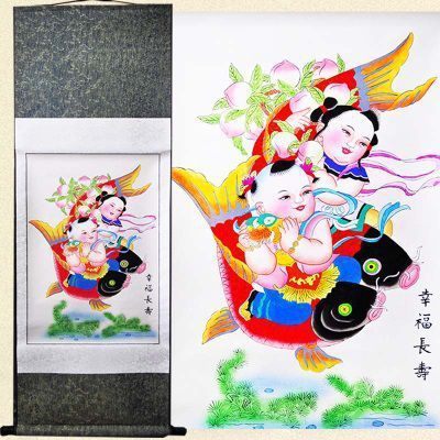轴画-幸福长寿 深绫